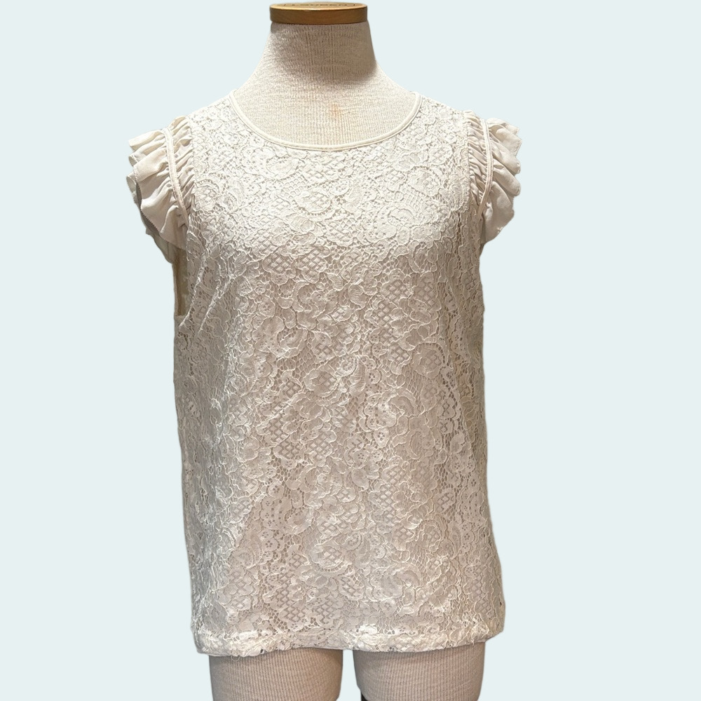 Loft sz L cream colored lace feminine romantic sleeveless top with ruffles